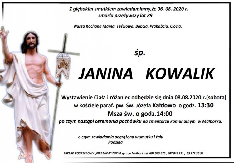 Zmarła Janina Kowalik. Żyła 89 lat.