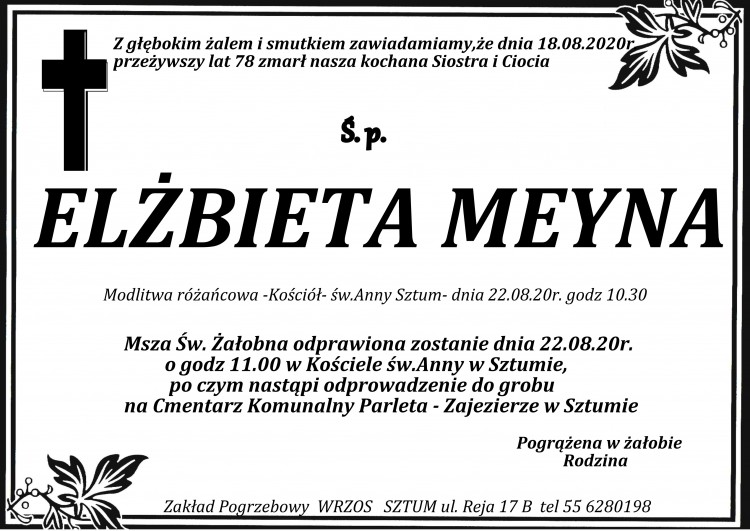 Zmarła Elżbieta Meyna. Żyła 78 lat.